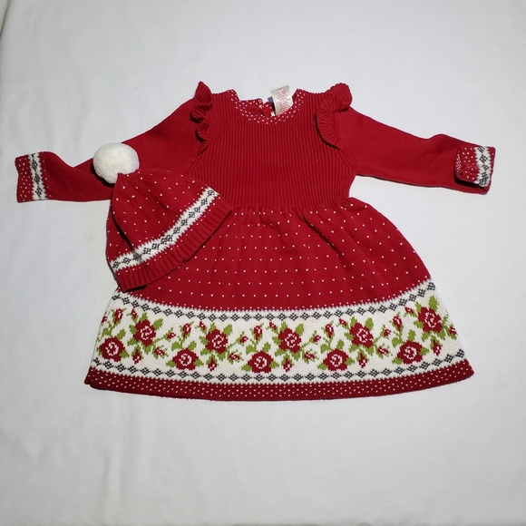 set-  knitted dress for girl with hat, christmas dress, 24 months.  Red. - Picture 2 of 13